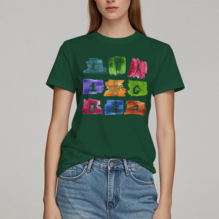 Camiseta con estampado colorido de poses de yoga de Olivenorma