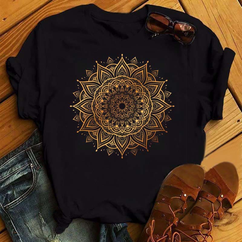 Camiseta negra con estampado geométrico colorido de loto de Olivenorma