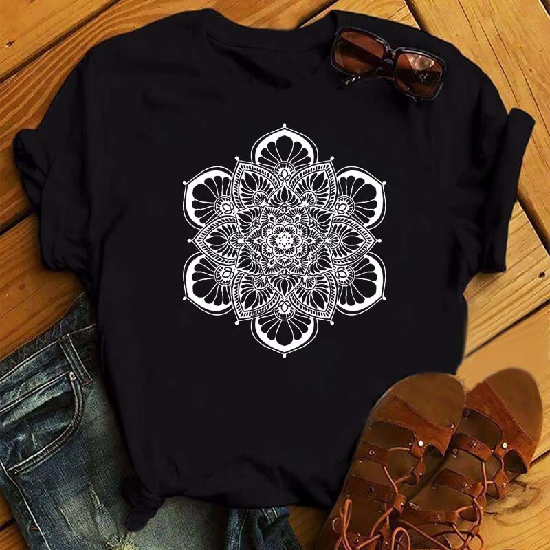 Camiseta negra con estampado geométrico colorido de loto de Olivenorma