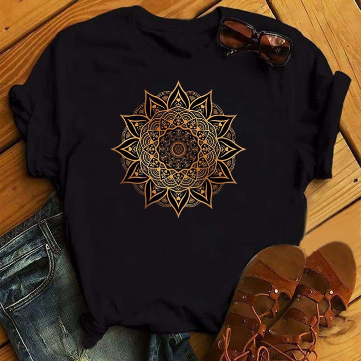 Camiseta negra con estampado geométrico colorido de loto de Olivenorma
