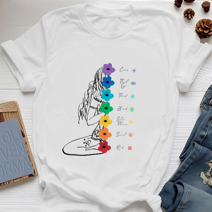 Camiseta Olivenorma de meditación para chica con flores de los 7 chakras - Blanco - 2XL - image 1