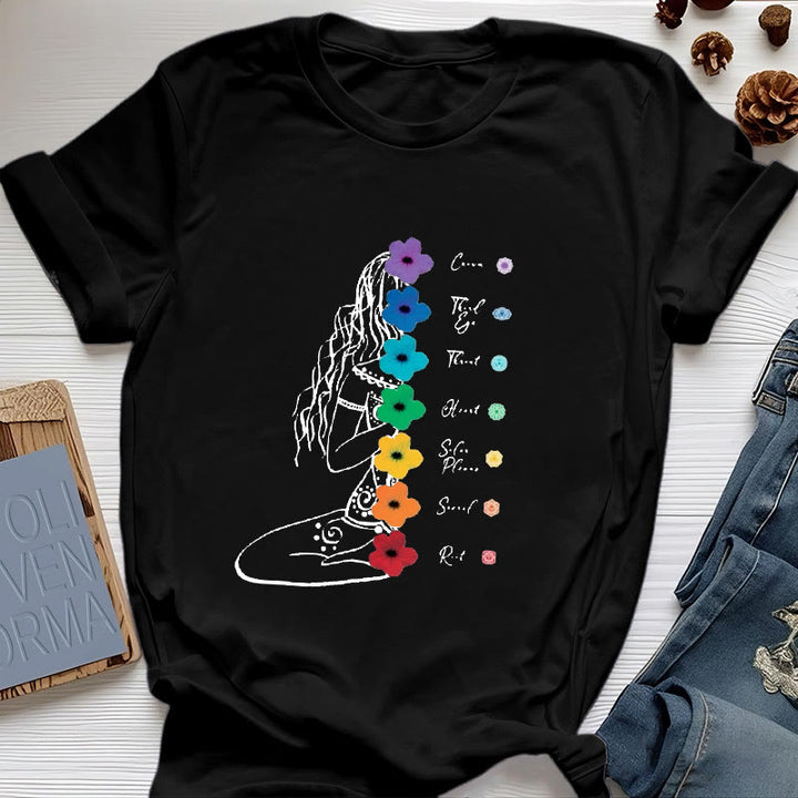 Camiseta Olivenorma de meditación para chica con flores de los 7 chakras - Negro - 2XL - image 6