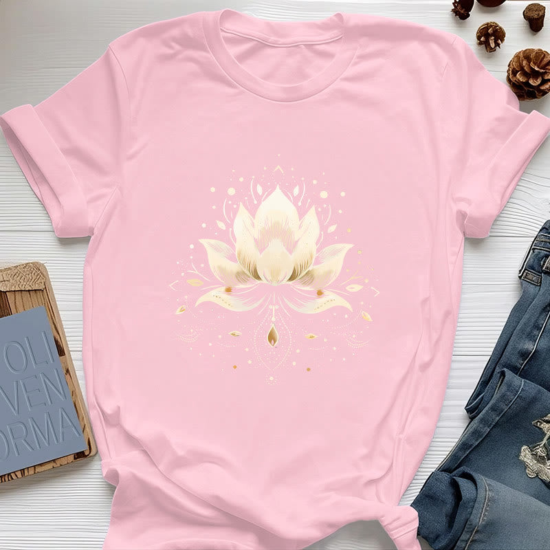 Camiseta de algodón puro con loto floreciente de Olivenorma - Rosa - 2XL - image 14