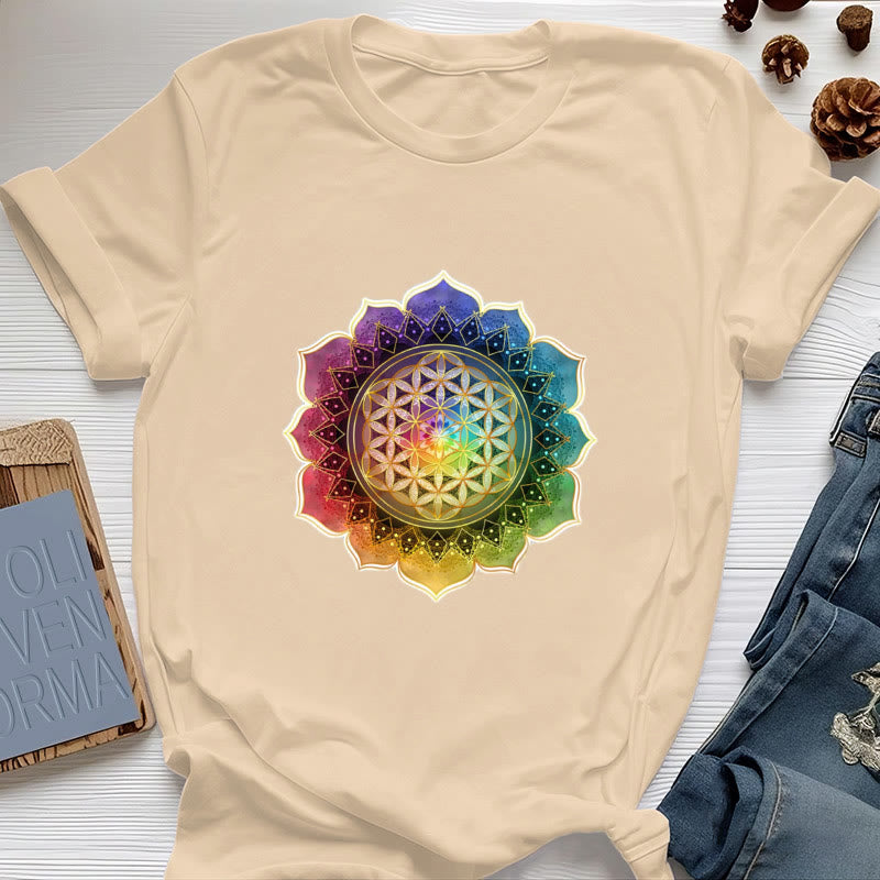 Camiseta de algodón Olivenorma con la Medalla de los 7 Chakras y la Flor de la Vida - Amarillo - 2XL - image 10