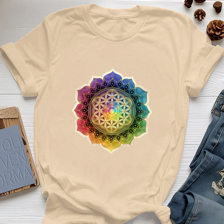 Camiseta de algodón Olivenorma con la Medalla de los 7 Chakras y la Flor de la Vida - Amarillo - 2XL - image 10