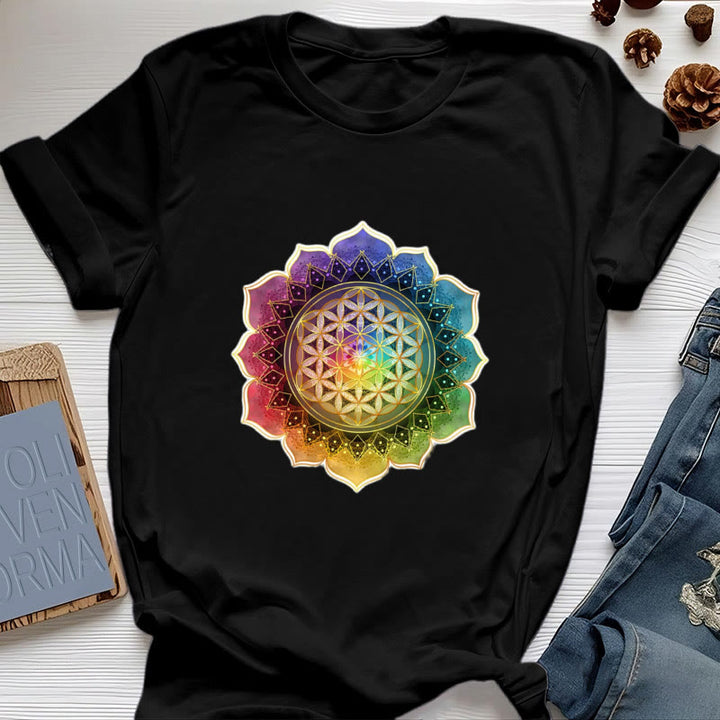 Camiseta de algodón Olivenorma con la Medalla de los 7 Chakras y la Flor de la Vida - Negro - 2XL - image 6
