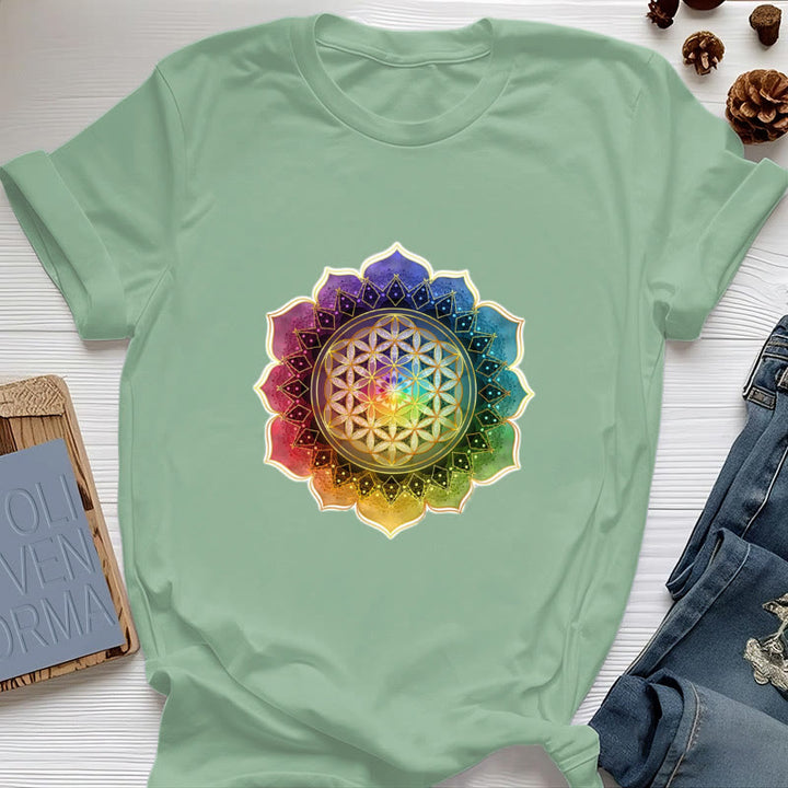 Camiseta de algodón Olivenorma con la Medalla de los 7 Chakras y la Flor de la Vida - Verde claro - 2XL - image 18