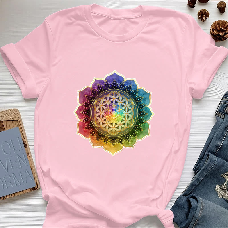 Camiseta de algodón Olivenorma con la Medalla de los 7 Chakras y la Flor de la Vida - Rosa - 2XL - image 14