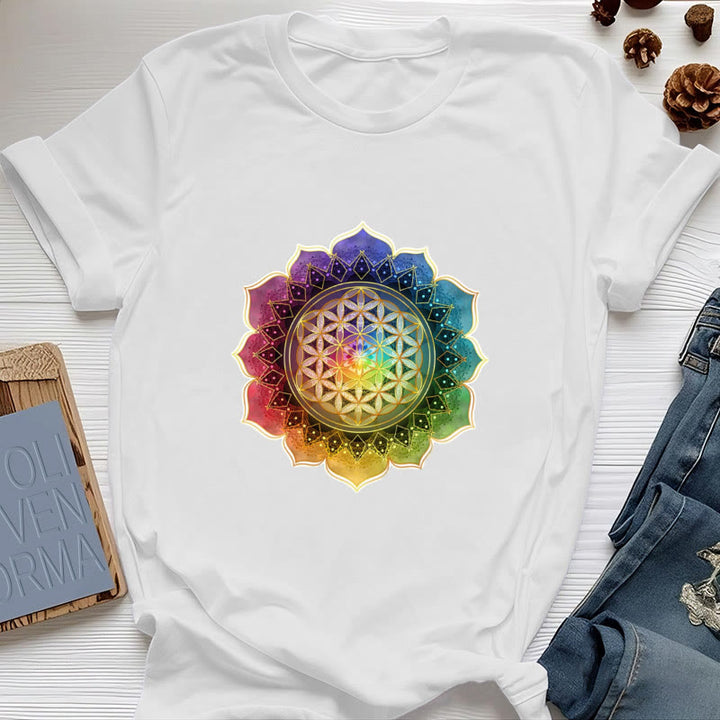 Camiseta de algodón Olivenorma con la Medalla de los 7 Chakras y la Flor de la Vida - Blanco - 2XL - image 1