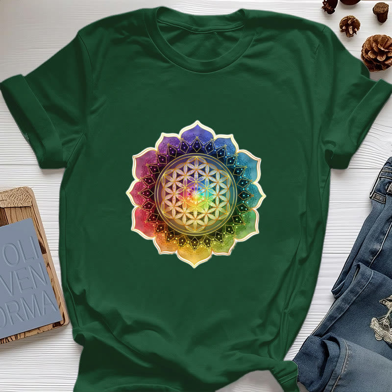 Camiseta de algodón Olivenorma con la Medalla de los 7 Chakras y la Flor de la Vida - Verde oscuro - 2XL - image 20
