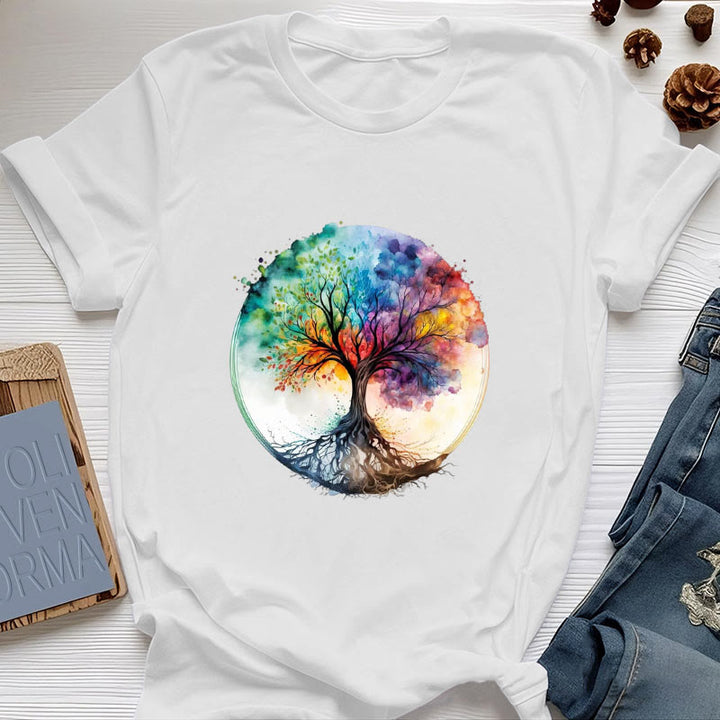 Camiseta de algodón espiritual del Árbol de la Vida Arcoíris de Olivenorma - Blanco - 2XL - image 1
