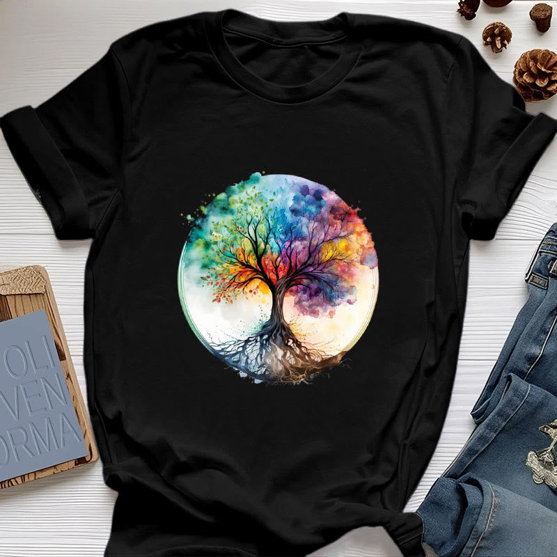 Camiseta de algodón espiritual del Árbol de la Vida Arcoíris de Olivenorma - Negro - 2XL - image 6