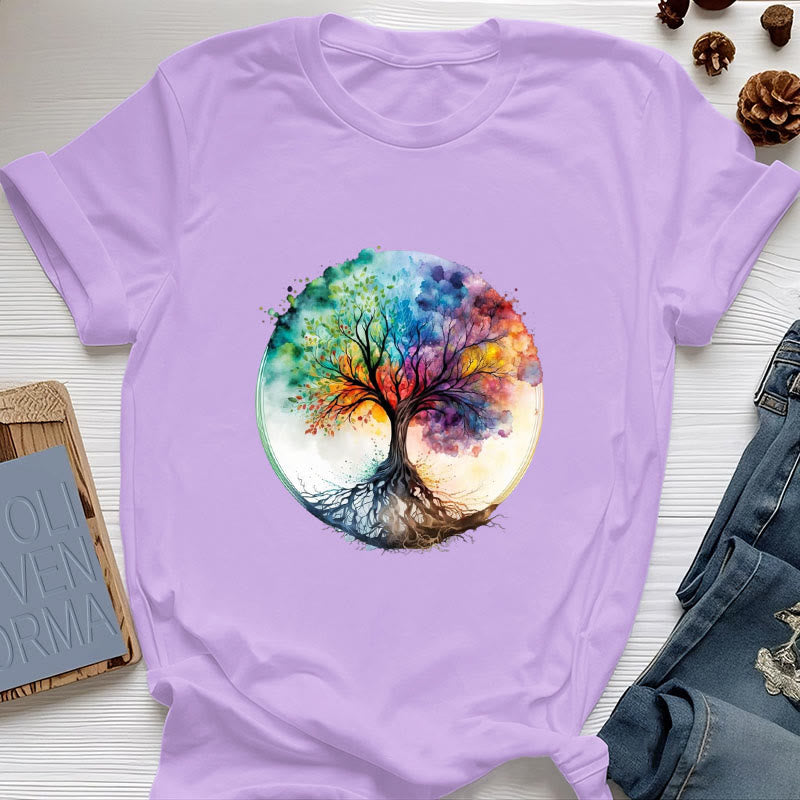 Camiseta de algodón espiritual del Árbol de la Vida Arcoíris de Olivenorma - Púrpura - 2XL - image 16