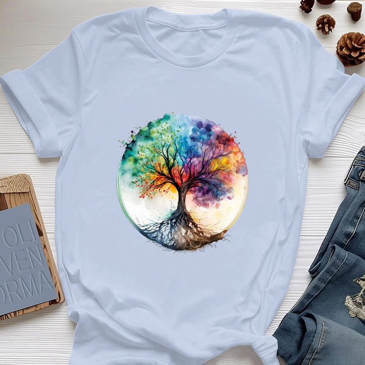 Camiseta de algodón espiritual del Árbol de la Vida Arcoíris de Olivenorma - Azul - 2XL - image 12