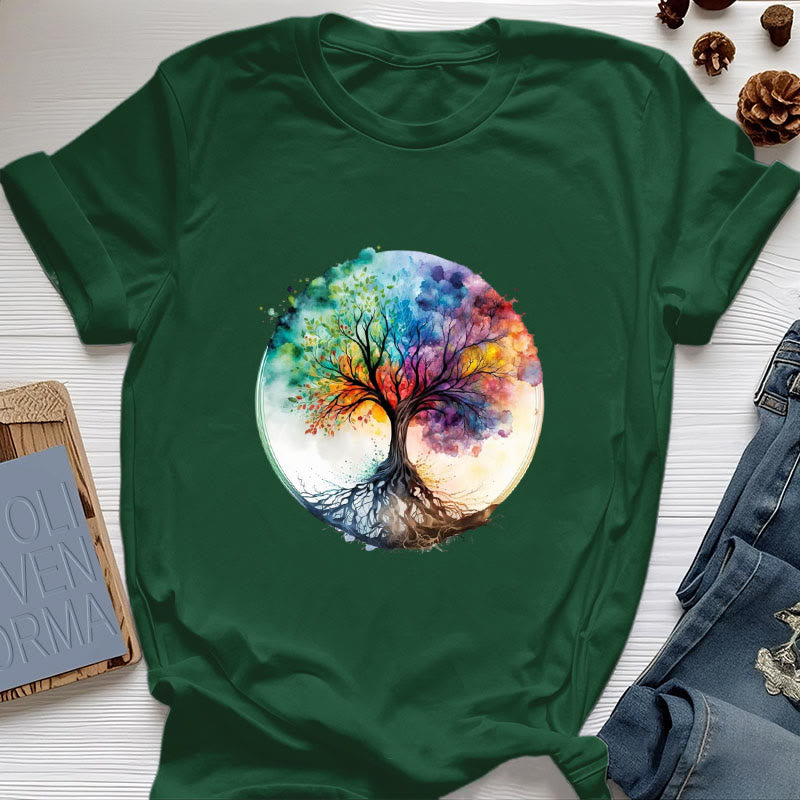 Camiseta de algodón espiritual del Árbol de la Vida Arcoíris de Olivenorma - Verde oscuro - 2XL - image 20