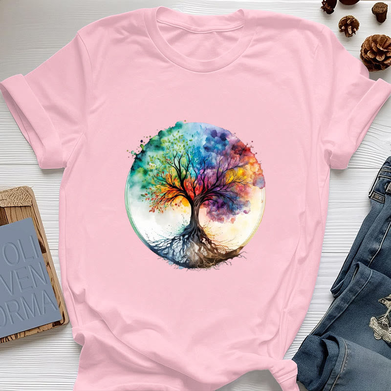 Camiseta de algodón espiritual del Árbol de la Vida Arcoíris de Olivenorma - Rosa - 2XL - image 14