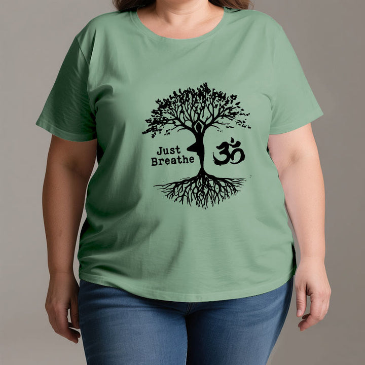 Camiseta espiritual Olivenorma "Solo respira" con el símbolo OM del árbol de yoga - image 3