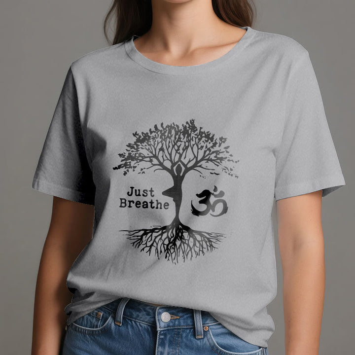 Camiseta espiritual Olivenorma "Solo respira" con el símbolo OM del árbol de yoga - image 11