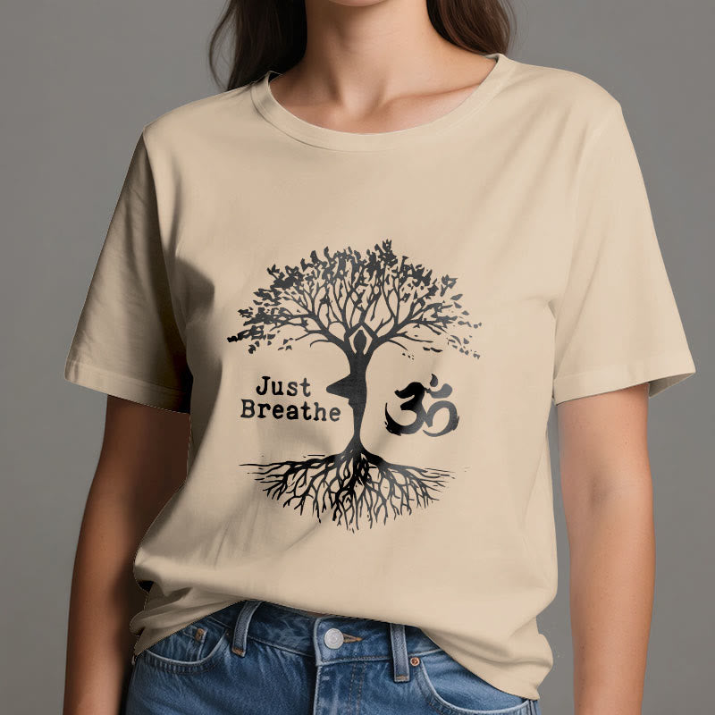 Camiseta espiritual Olivenorma "Solo respira" con el símbolo OM del árbol de yoga - image 13