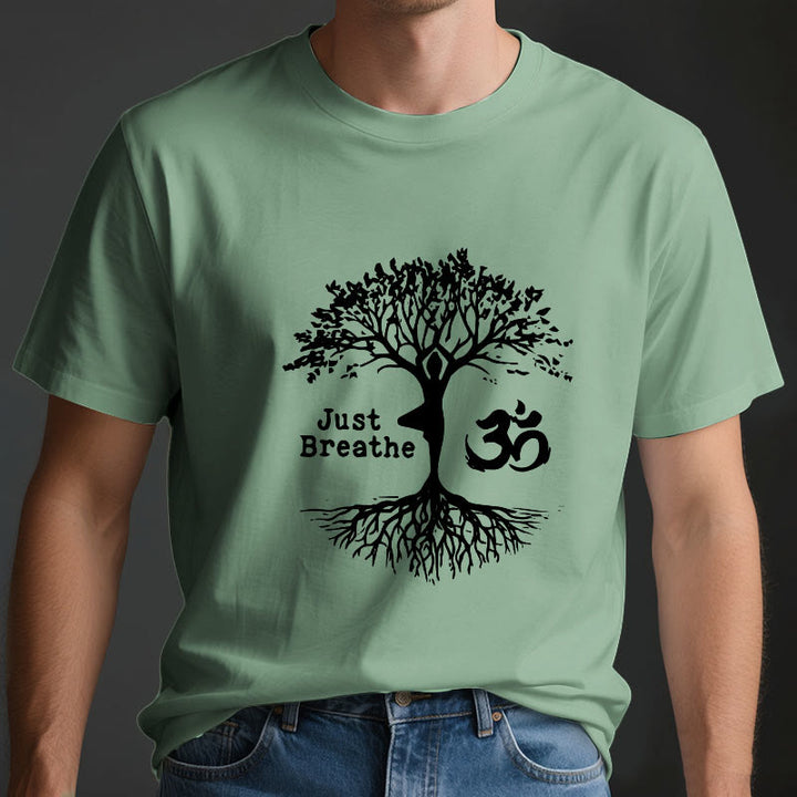 Camiseta espiritual Olivenorma "Solo respira" con el símbolo OM del árbol de yoga - image 4