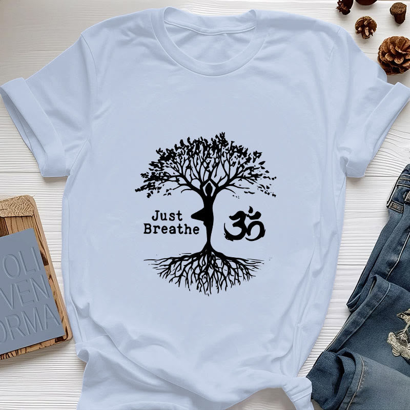 Camiseta espiritual Olivenorma "Solo respira" con el símbolo OM del árbol de yoga - Azul - 2XL - image 14