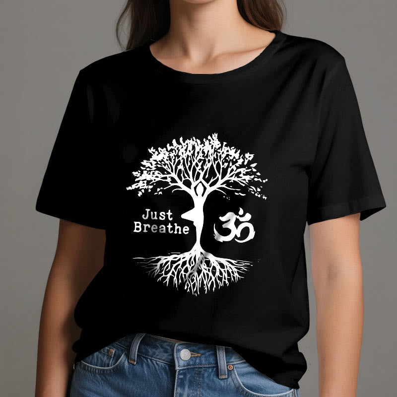 Camiseta espiritual Olivenorma "Solo respira" con el símbolo OM del árbol de yoga - image 9