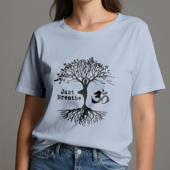 Camiseta espiritual Olivenorma "Solo respira" con el símbolo OM del árbol de yoga - image 15