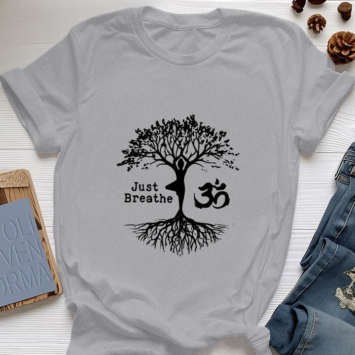 Camiseta espiritual Olivenorma "Solo respira" con el símbolo OM del árbol de yoga - Gris - 2XL - image 10