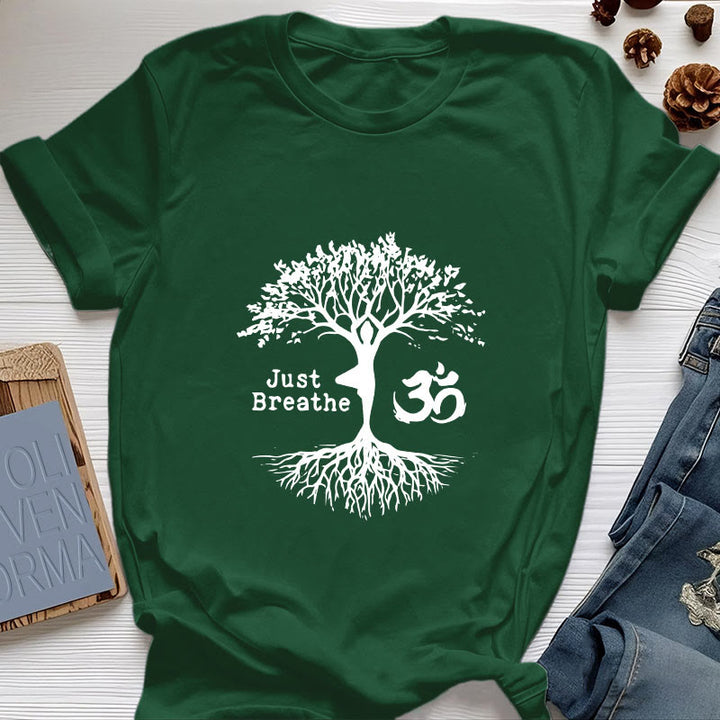 Camiseta espiritual Olivenorma "Solo respira" con el símbolo OM del árbol de yoga - Verde oscuro - 2XL - image 20