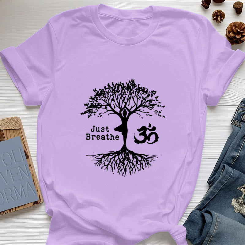 Camiseta espiritual Olivenorma "Solo respira" con el símbolo OM del árbol de yoga - Púrpura - 2XL - image 18