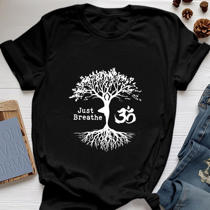 Camiseta espiritual Olivenorma "Solo respira" con el símbolo OM del árbol de yoga - Negro - 2XL - image 8