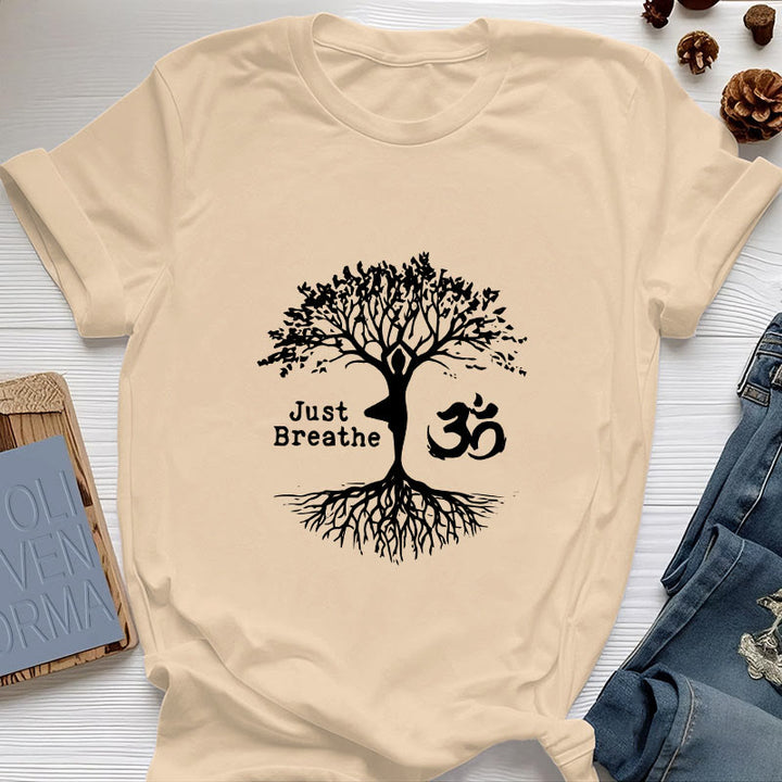 Camiseta espiritual Olivenorma "Solo respira" con el símbolo OM del árbol de yoga - Amarillo - 2XL - image 12