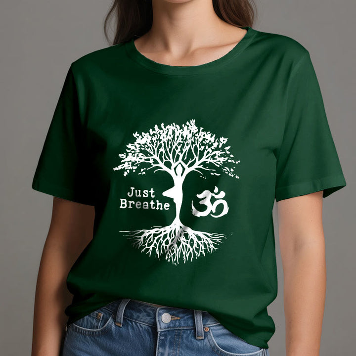 Camiseta espiritual Olivenorma "Solo respira" con el símbolo OM del árbol de yoga - image 21