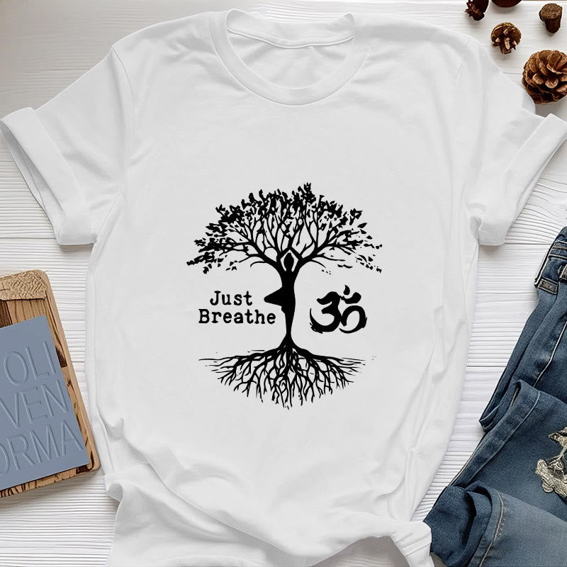 Camiseta espiritual Olivenorma "Solo respira" con el símbolo OM del árbol de yoga - Blanco - 2XL - image 6