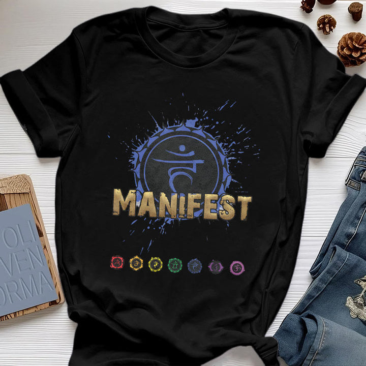 Camiseta unisex Olivenorma de manga corta "MANIFEST" del chakra de la garganta