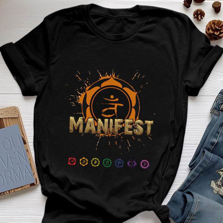 Camiseta unisex Olivenorma de manga corta "MANIFEST" del chakra de la garganta