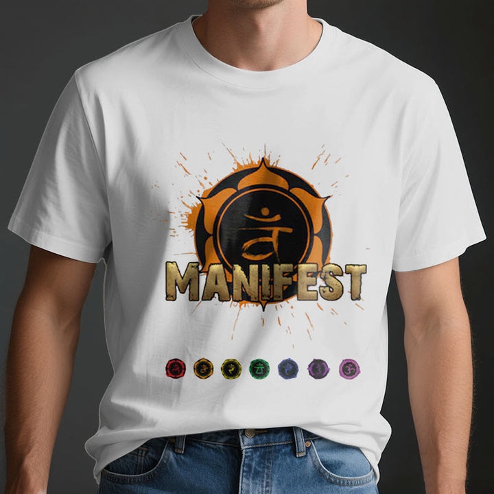 Camiseta unisex Olivenorma de manga corta "MANIFEST" del chakra de la garganta