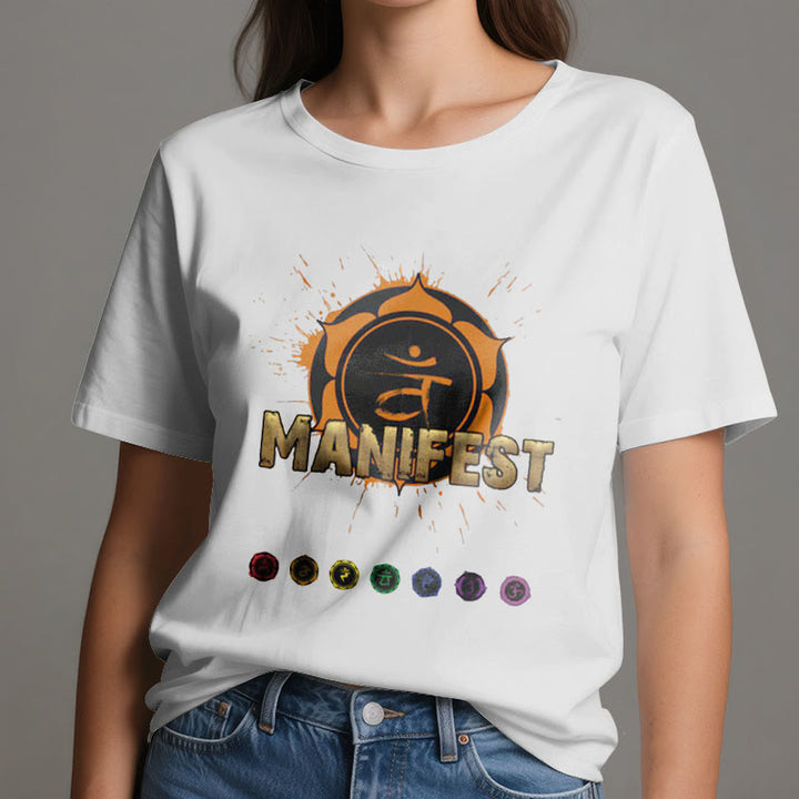 Camiseta unisex Olivenorma de manga corta "MANIFEST" del chakra de la garganta