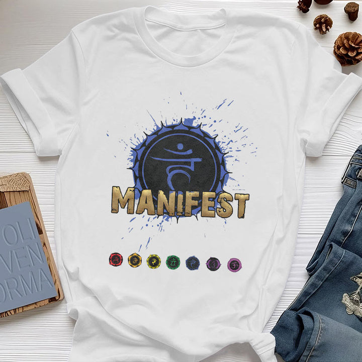 Camiseta unisex Olivenorma de manga corta "MANIFEST" del chakra de la garganta