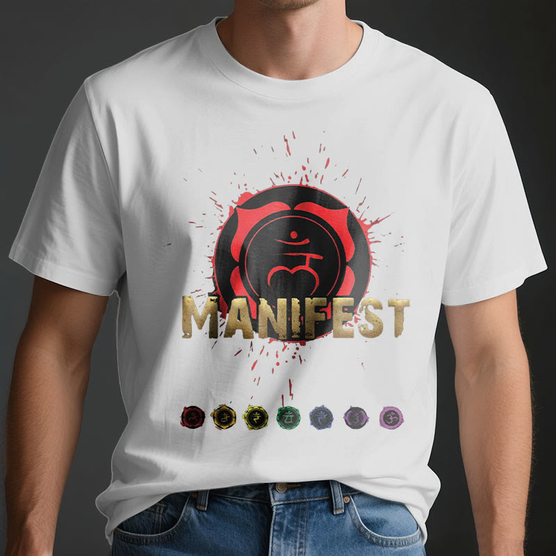 Camiseta unisex Olivenorma de manga corta "MANIFEST" del chakra de la garganta