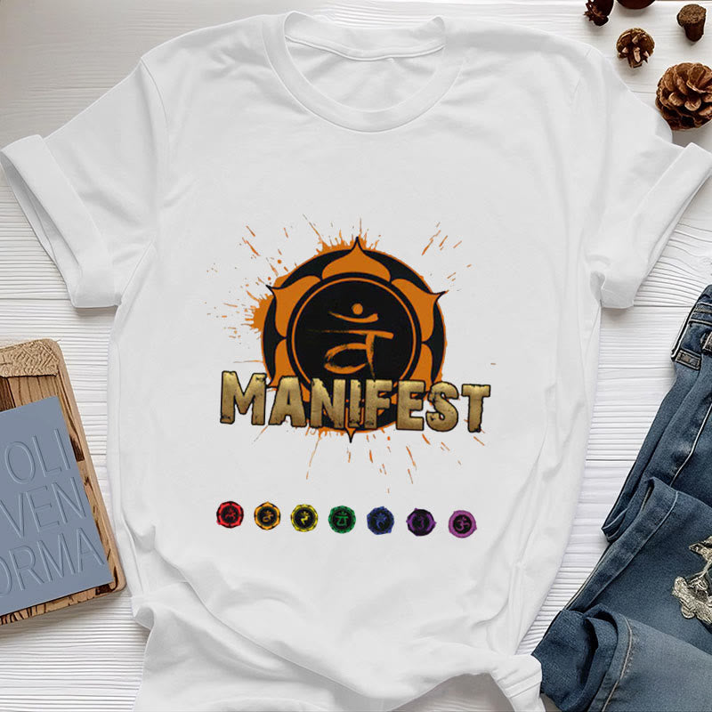 Camiseta unisex Olivenorma de manga corta "MANIFEST" del chakra de la garganta