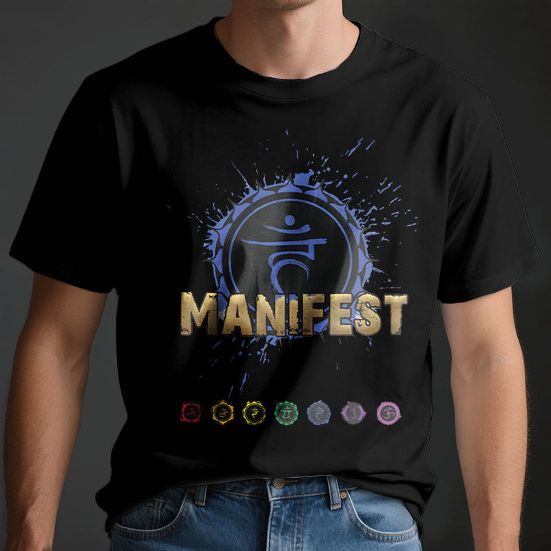 Camiseta unisex Olivenorma de manga corta "MANIFEST" del chakra de la garganta