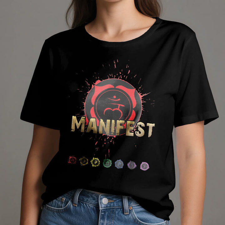Camiseta unisex Olivenorma de manga corta "MANIFEST" del chakra de la garganta