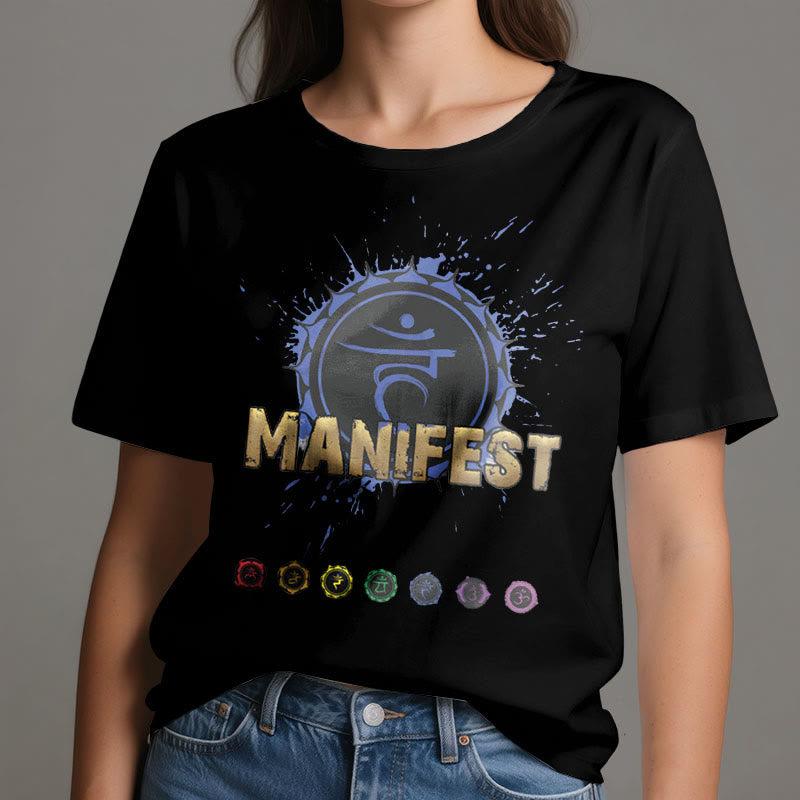 Camiseta unisex Olivenorma de manga corta "MANIFEST" del chakra de la garganta