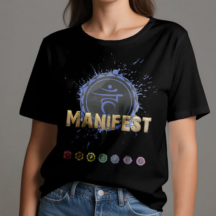Camiseta unisex Olivenorma de manga corta "MANIFEST" del chakra de la garganta
