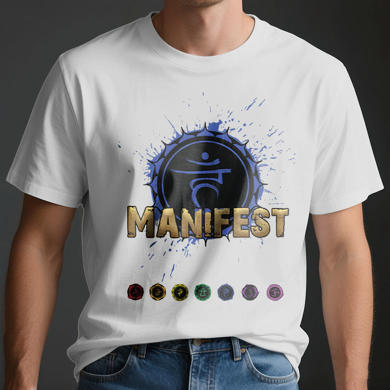 Camiseta unisex Olivenorma de manga corta "MANIFEST" del chakra de la garganta