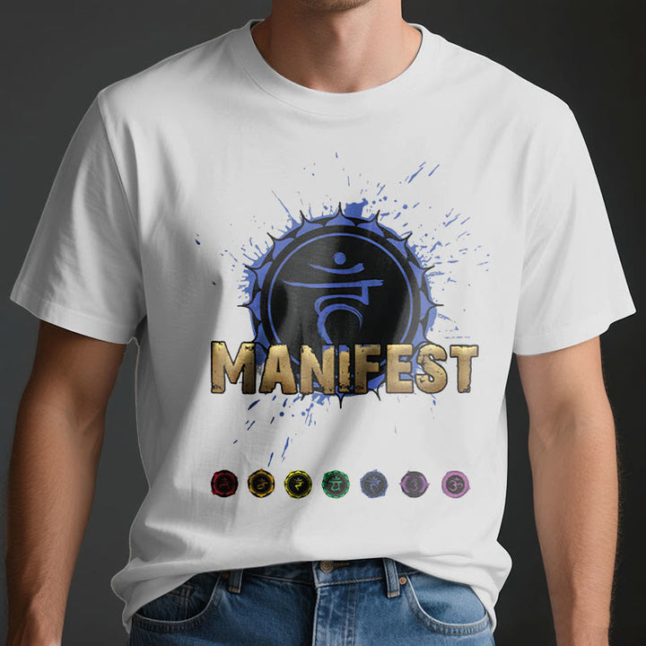 Camiseta unisex Olivenorma de manga corta "MANIFEST" del chakra de la garganta