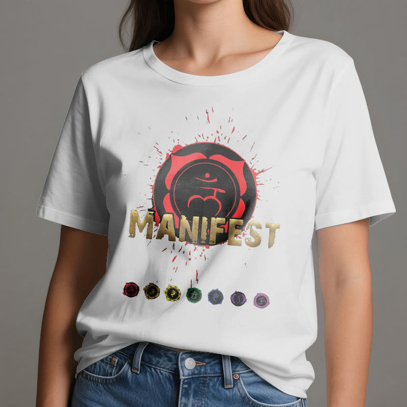 Camiseta unisex Olivenorma de manga corta "MANIFEST" del chakra de la garganta