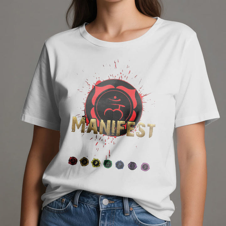 Camiseta unisex Olivenorma de manga corta "MANIFEST" del chakra de la garganta