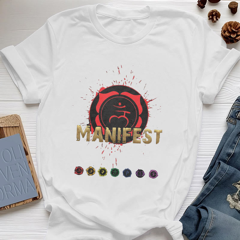 Camiseta unisex Olivenorma de manga corta "MANIFEST" del chakra de la garganta